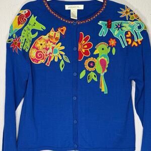 Vintage Arriviste Blue Cardigan Embroidered Animals Cats M Folk Art Cottagecore